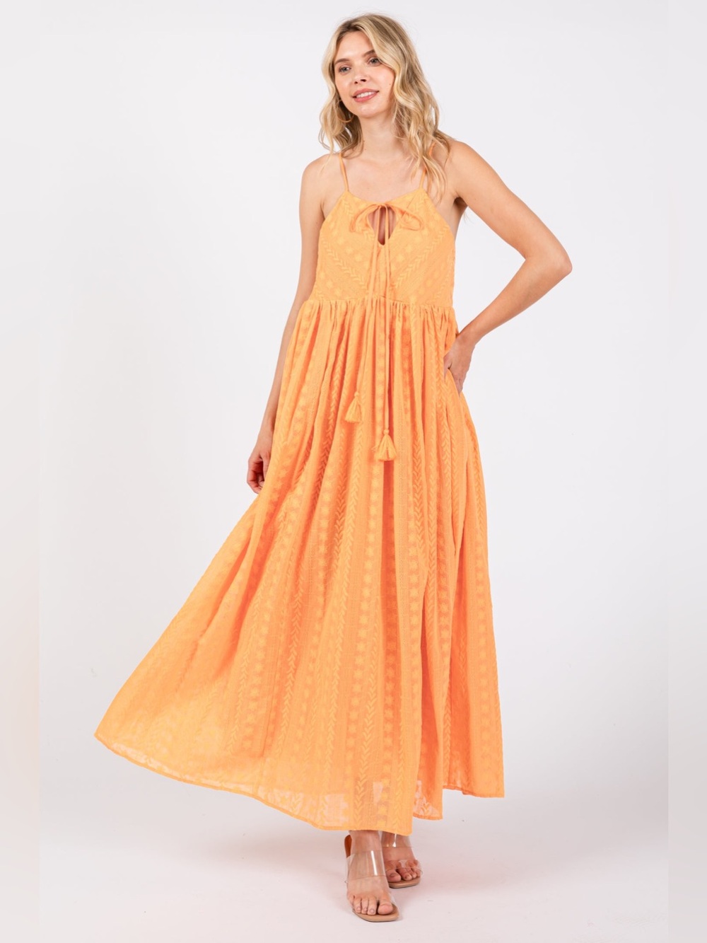 In Loom S Embroidered Floral Orange Maxi Dress with Tassel Tie